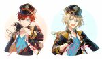  2boys amagi_hiiro bangs black_gloves blonde_hair blue_eyes buttons circle closed_mouth commentary ensemble_stars! fingerless_gloves gloves green_eyes hair_between_eyes hat heart high_collar jacket long_sleeves male_focus multiple_boys open_clothes open_jacket open_mouth red_hair seuga shiratori_aira_(ensemble_stars!) short_hair spade_(shape) teeth upper_body upper_teeth_only white_background 