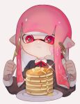  1girl bandaid bandaid_on_cheek bandaid_on_ear bandaid_on_face bangs black_shirt blunt_bangs blush closed_mouth collared_shirt commentary_request cropped_torso food fork glint hands_up highres holding holding_fork holding_knife inkling inkling_girl knife long_hair long_sleeves mikoshiba_m neck_ribbon pancake pancake_stack pink_eyes pink_hair plate pointy_ears red_ribbon ribbon shirt sidelocks simple_background sleeve_cuffs solo splatoon_(series) sweat syrup tentacle_hair upper_body white_background wing_collar 