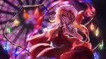  1girl ascot bangs blood blurry blurry_background crystal flandre_scarlet highres indoors laevatein_(touhou) long_hair looking_at_viewer one_side_up pointy_ears rainbow_order red_eyes red_skirt red_vest shirt skirt solo stained_glass tongue touhou vest white_shirt wings yellow_ascot zi13591 