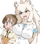  1boy 1girl age_difference animal_ear_fluff animal_ears arms_at_sides bangs between_breasts blush breast_pocket breasts breasts_on_shoulders brown_eyes brown_hair buttons captain_(kemono_friends) cheek-to-breast cheek_press covered_nipples embarrassed fur_collar furrowed_brow green_eyes hair_between_eyes head_tilt height_difference impossible_clothes impossible_shirt kemono_friends kemono_friends_3 large_breasts lion_ears long_hair looking_at_another looking_at_breasts necktie necktie_between_breasts nose_blush onee-shota open_mouth plaid_necktie plaid_sleeves plaid_trim pocket shirt short_sleeves side-by-side simple_background unaligned_breasts upper_body wagom wavy_mouth white_background white_hair white_lion_(kemono_friends) white_shirt 