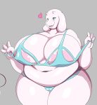  &lt;3 anthro areola big_areola big_breasts bikini blue_eyes boss_monster bovid breasts caprine clothed clothing female fur goat hi_res horn huge_breasts huge_thighs hyper hyper_breasts mammal myriadmood navel obese obese_anthro overweight overweight_anthro simple_background skimpy smile solo swimwear thick_thighs undertale undertale_(series) white_body white_fur wide_hips 