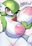  areola big_breasts blush breasts female gardevoir generation_3_pokemon green_body hand_on_breast humanoid japanese_text looking_at_viewer nekoyuu nintendo nipples pokemon pokemon_(species) red_eyes solo text thick_thighs white_body 