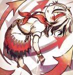  1girl andanon arrow_(symbol) belt black_hair bracelet brown_belt commentary dress highres jewelry kijin_seija multicolored_hair neckerchief one_eye_closed puffy_short_sleeves puffy_sleeves red_eyes red_hair red_neckerchief short_hair short_sleeves solo tongue tongue_out touhou white_dress white_hair 