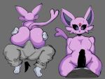  ambiguous_gender anthro big_butt bottomwear bulge butt clothed clothing duo eeveelution erection erection_under_clothing espeon generation_2_pokemon genitals hand_on_butt hi_res lewd_dorky male nintendo nude on_lap pants penis pokemon pokemon_(species) purple_body purple_eyes sitting_on_lap thick_thighs 