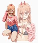  1girl blue_shorts brown_eyes brown_hair chainsaw_man clothes_lift cross-shaped_pupils hair_between_eyes highres horns lifted_by_self long_hair parted_lips pink_sweater power_(chainsaw_man) red-framed_eyewear red_horns semi-rimless_eyewear sharp_teeth shiren_(ourboy83) shirt_lift shirt_tucked_in shorts simple_background sleeves_past_wrists smile squatting sweater symbol-shaped_pupils teeth white_background yellow_background 