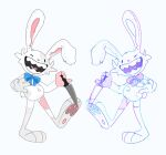  anthro beady_eyes black_eyes blue_bow bow_tie cheek_tuft facial_tuft five_nights_at_freddy&#039;s five_nights_at_freddy&#039;s:_security_breach fur fusion grey_background grey_body grey_fur hi_res holding_knife holding_object knife lagomorph leporid male mammal max_(sam_and_max) navel_outline one_ear_up one_eye_closed open_mouth pawpads pessimivitulina rabbit sam_and_max scottgames sharp_teeth simple_background smile solo teeth tuft vanny_(fnaf) white_body white_fur wink 