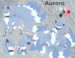  aurorasnowtales black_collar blue_body blue_fur blue_inner_ear_fluff boras_art character_name claws collar color_swatch countershade_face countershade_fur countershade_torso countershading digital_media_(artwork) eyelashes featureless_crotch female feral flower_accessory fur generation_1_pokemon green_eyes hi_res inner_ear_fluff lying model_sheet multi_tail ninetales nintendo on_back pawpads pink_pawpads pokemon pokemon_(species) quadruped solo standing tail toe_claws tuft white_body white_fur 