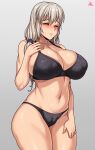  1girl absurdres artist_name bangs black_bra black_panties blush bra breasts cameltoe cleavage closed_eyes closed_mouth commentary covered_nipples curvy grey_background grey_hair hair_between_eyes hand_up highres jmg large_breasts long_hair mature_female navel panties plump raised_eyebrows skindentation sweatdrop thick_thighs thighs underwear uzaki-chan_wa_asobitai! uzaki_tsuki very_long_hair 