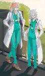  2boys absurdres ahoge alternate_costume asclepius_(fate) bangs black_footwear brown_footwear closed_eyes commentary crossed_bangs doctor fate/grand_order fate_(series) full_body gloves green_eyes green_pants green_shirt grey_hair hair_between_eyes hand_in_pocket highres id_card labcoat long_hair looking_at_another male_focus multiple_boys open_mouth orange_hair oxfords pants ponytail railing romani_archaman shadow shirt shoes short_hair_with_long_locks sleeves_past_fingers sleeves_past_wrists smile standing stethoscope symbol-only_commentary tree v-neck v-shaped_eyebrows white_gloves yousai_shirokuma 