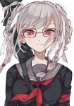  1girl bag bangs black_shirt braid breasts danganronpa_(series) danganronpa_2:_goodbye_despair frown glasses grey_hair grey_sailor_collar highres large_breasts long_sleeves medium_hair neckerchief pekoyama_peko red_eyes red_neckerchief ribbon sailor_collar shiny_skin shirt shoulder_bag simple_background smile solo twin_braids white_background white_ribbon yumaaaaa0125 