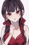  1girl bangs bare_shoulders bikini black_hair collarbone danganronpa_(series) danganronpa_v3:_killing_harmony earrings grey_background hair_ribbon hand_up harukawa_maki highres jewelry long_hair low_twintails mole mole_under_eye open_mouth red_bikini red_eyes red_ribbon ribbon simple_background solo swimsuit twintails upper_body yumaaaaa0125 yumachansan 