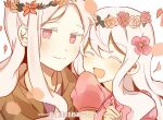  ! 2girls ^_^ blush brown_jacket chinese_commentary close-up closed_eyes closed_mouth colored_eyelashes dress facing_viewer flower flower_request hair_between_eyes hair_flower hair_ornament head_wreath jacket kagerou_project kozakura_marry kozakura_shion leaf long_hair looking_at_viewer mekakucity_actors mother_and_daughter multiple_girls orange_hair otorigg petals pink_eyes pink_flower pink_shirt puffy_short_sleeves puffy_sleeves purple_shirt shirt short_sleeves simple_background smile upper_body wavy_hair white_background white_hair 