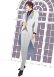  1boy black_shirt collared_shirt formal full_body grey_vest highres long_sleeves looking_at_viewer male_focus munakata_touya necktie purple_necktie readyyy! red_eyes red_hair seiyyy shirt short_hair solo suit vest white_background white_suit window 