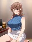  1girl absurdres bangs barefoot beef beer_can blue_shirt blush breasts brown_eyes brown_hair can closed_mouth commentary_request fish food highres indoors large_breasts looking_at_viewer medium_hair original pencil_skirt shirt sitting skirt sleeveless sleeveless_shirt smile solo table umemoto_(konna) white_skirt 
