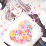  1boy black_coat black_gloves black_headwear coat flower gloves grey_hair hat heart holding_painting long_sleeves looking_at_viewer male_focus pink_eyes readyyy! seiyyy short_braid short_hair solo top_hat yanagawa_sui 