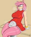  amy_rose anthro big_breasts bodily_fluids breasts clothed clothing duo female gloves handwear head_between_thighs hi_res human male mammal sega sonic_the_hedgehog_(series) sweat thick_thighs yamathegod 