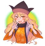  1girl black_headwear blonde_hair blush constellation_print double_v hat highres long_hair matara_okina open_mouth orange_sleeves satsuki_mei_(17maymay14) smile solo tabard teeth touhou upper_body upper_teeth_only v wide_sleeves yellow_eyes 