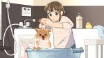  1girl :o animal bath brown_eyes brown_hair dog hair_bun hairdressing highres indoors kojiro337 long_sleeves looking_at_viewer medium_hair original rubber_duck shampoo shirt sidelocks solo striped striped_shirt tongue tongue_out towel white_shirt 