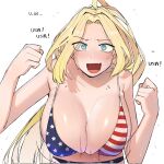  1girl american_flag american_flag_print bangs bare_arms bare_shoulders bikini blonde_hair blue_eyes blush bouncing_breasts breasts cleavage collarbone commentary english_text flag_print large_breasts long_hair ohasi open_mouth original parted_bangs raised_fist shiny_skin solo striped_bodysuit sweat swimsuit symbol-only_commentary upper_body 
