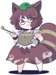  1girl animal_ears blush_stickers brown_eyes brown_hair brown_shirt brown_skirt closed_mouth fried_rice0614 full_body futatsuiwa_mamizou glasses highres holding leaf leaf_on_head raccoon_ears raccoon_tail round_eyewear shirt short_hair short_sleeves simple_background skirt smile smoking_pipe solo tail touhou white_background 