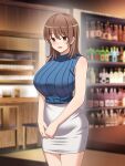  1girl :d absurdres bar_(place) blue_shirt blurry blurry_background breasts brown_eyes brown_hair commentary_request cowboy_shot hair_between_eyes highres indoors large_breasts medium_hair open_mouth original paid_reward_available pencil_skirt revision shirt skirt sleeveless sleeveless_shirt smile solo standing umemoto_(konna) white_skirt 