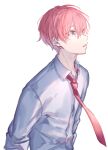  1boy collared_shirt crying crying_with_eyes_open facing_to_the_side looking_ahead male_focus necktie parted_lips pink_hair purple_eyes readyyy! red_necktie sanada_junnosuke shirt solo tears white_background white_shirt yoggi_(stretchmen) 