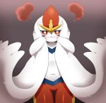  ambiguous_gender anthro blush cinderace featureless_crotch generation_8_pokemon hi_res looking_at_viewer nintendo pokemon pokemon_(species) red_body red_eyes simple_background solo sum white_body 