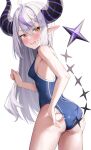  1girl absurdres adjusting_clothes adjusting_swimsuit ahoge bangs bare_shoulders blue_one-piece_swimsuit blush braid cowboy_shot demon_girl demon_horns ear_blush from_behind green_tea_(greente42869067) grey_hair hair_between_eyes highres hololive horns la+_darknesss long_hair looking_at_viewer looking_back multicolored_hair one-piece_swimsuit open_mouth pointy_ears purple_hair sidelocks simple_background solo streaked_hair striped_horns swimsuit virtual_youtuber wet wet_clothes white_background yellow_eyes 