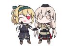  blonde_hair brown_jacket chibi girls&#039;_frontline hat highres holding_hands jacket long_hair military_hat no_pupils randgriz96 red_eyes short_hair smile sv-98_(girls&#039;_frontline) svd_(girls&#039;_frontline) white_hair 