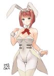 1girl adapted_costume animal_ears ark_royal_(kancolle) blue_eyes blush bob_cut bow bowtie breasts corset covered_navel dated fake_animal_ears fake_tail flower hairband highres kantai_collection leotard looking_at_viewer official_art owa_(ishtail) pantyhose playboy_bunny rabbit_ears red_flower red_hair red_rose rose short_hair signature small_breasts solo strapless strapless_leotard tail tailcoat tiara traditional_bowtie white_corset white_leotard white_pantyhose 