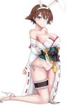  absurdres animal_ears bare_shoulders blue_eyes breasts brown_hair cleavage closed_mouth covered_nipples fake_animal_ears hair_between_eyes hiei_(kancolle) high_heels highres japanese_clothes kantai_collection ken_(shutenndouji1) kneeling large_breasts looking_at_viewer lowleg lowleg_panties nontraditional_playboy_bunny off_shoulder panties rabbit_ears short_hair side-tie_panties simple_background smile tassel thigh_strap underwear white_background white_footwear white_panties 