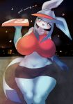  &lt;3 2022 absurd_res anthro anthrofied big_breasts bike_shorts blush bottomwear breasts camel_toe clothing delivery_(commerce) delivery_employee digital_media_(artwork) eeveelution female female_anthro food_carrier food_delivery fur generation_4_pokemon glaceon hat headgear headwear hi_res kemono looking_at_viewer midriff navel nintendo pizza_box pizza_delivery pizza_delivery_carrier pokemon pokemon_(species) pokemorph shorts solo tight_bottomwear tight_clothing tight_shorts wide_hips xanadu_corona 