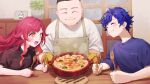  +_+ 1girl 2boys :3 :d ^_^ absurdres apron astel_leda black_hair black_shirt blonde_hair blue_hair blue_shirt blurry blurry_background blush closed_eyes closed_mouth cooking_pot facing_another facing_viewer food fork gratin hair_between_eyes hair_flaps happy highres holding holding_cooking_pot holding_fork holding_spoon holostars indoors long_hair looking_at_food multicolored_hair multiple_boys nekota_tsuna nemoto_yuuma orange_eyes orange_hair oven_mitts photo_(object) pink_hair plant potted_plant shirt short_hair short_sleeves smile spoon steam streaked_hair t-shirt table undercut upper_body virtual_youtuber vspo! white_shirt wooden_table 