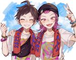  2boys :d alternate_costume bangs black_headwear blue_background blush brown_hair collarbone copyright_name danganronpa_(series) danganronpa_2:_goodbye_despair fang grey_shirt grin hand_up heart highres hinata_hajime male_focus medium_hair multicolored_shirt multiple_boys pink_hair scarf shirt short_hair smile souda_kazuichi teeth v white_background yumaaaaa0125 yumachansan 