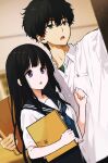  1boy 1girl arm_up artist_logo bangs black_hair brown_hair chitanda_eru gakuran green_eyes highres hyouka kamiyama_high_school_uniform_(hyouka) long_hair mery_(yangmalgage) open_mouth oreki_houtarou purple_eyes school_uniform serafuku shirt short_hair skirt 