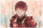  1boy armor artist_name batensan black_shirt blue_background cherry_blossoms closed_eyes english_commentary fire_emblem fire_emblem_echoes:_shadows_of_valentia lukas_(fire_emblem) male_focus red_armor red_hair shirt smile tree 