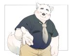 2023 anthro blush bottomwear canid canine canis clothing domestic_dog eyes_closed hi_res humanoid_hands inunoshippo kemono male mammal necktie overweight overweight_male pants shirt solo topwear 