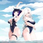  2girls absurdres armpits arms_under_breasts arms_up bangs bare_arms bare_shoulders bead_bracelet beads black_one-piece_swimsuit blue_eyes blue_hair blue_sky bracelet breast_hold breasts cleavage closed_mouth cloud covered_navel day floating_hair frown genshin_impact hair_over_one_eye highleg highleg_swimsuit highres jewelry large_breasts long_hair looking_at_viewer momoru multiple_girls one-piece_swimsuit one_eye_covered outdoors parted_lips shenhe_(genshin_impact) short_hair sidelocks sky swimsuit thigh_strap thighs wading water white_hair yelan_(genshin_impact) 