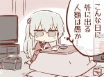  1girl artist_name assault_lily bangs bowl chibi commentary cushion egawa_kusumi flower food gochisousama_(tanin050) grey_eyes grey_hair hair_flower hair_ornament hands_up hanten_(clothes) heater holding holding_food indoors kotatsu long_hair long_sleeves looking_at_viewer on_floor onigiri open_clothes parted_lips sidelocks sitting solid_circle_eyes solo table television thought_bubble translated under_kotatsu under_table very_long_hair zabuton 
