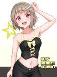  1girl bangs birthday blush breasts character_name ckst collarbone commentary_request earrings english_text feather_hair_ornament feathers grey_hair hair_ornament happy_birthday heart highres jewelry love_live! love_live!_nijigasaki_high_school_idol_club midriff nakasu_kasumi navel short_hair sidelocks small_breasts smile solo star_(symbol) upper_body yellow_nails 