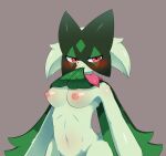  anthro areola blush breasts female generation_9_pokemon green_body hi_res looking_at_viewer meowscarada nintendo nipples pokemon pokemon_(species) purple_eyes simple_background solo sum thick_thighs 