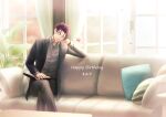  1boy belt black_belt black_jacket book brown_pants character_name closed_eyes collared_shirt couch grey_shirt happy_birthday head_rest holding holding_book jacket leaf long_sleeves male_focus maple_leaf munakata_touya on_couch open_book pants purple_hair readyyy! seiyyy shirt sleeping solo 