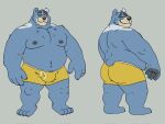  2023 anthro bear belly big_belly black_nose blue_body bulge butt clothing eyewear glasses hi_res humanoid_hands male mammal moobs navel nipples one_eye_closed overweight overweight_male rusbane simple_background solo underwear wink 