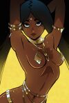  1girl akairiot armlet armpits arms_behind_head arms_up bangs belly_chain black_background black_eyes blonde_hair breasts brown_lips colored_inner_hair commentary dark-skinned_female dark_skin english_commentary facial_mark forehead_mark gold_necklace highres jewelry long_hair looking_at_viewer multicolored_hair navel necklace original out-of-frame_censoring parted_bangs pasties short_eyebrows small_breasts solo symbol-shaped_pupils thick_eyebrows two-tone_hair very_long_hair 