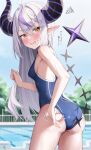  1girl absurdres adjusting_clothes adjusting_swimsuit ahoge bangs bare_shoulders blue_one-piece_swimsuit blurry blurry_background blush braid cowboy_shot day demon_girl demon_horns ear_blush from_behind green_tea_(greente42869067) grey_hair hair_between_eyes highres hololive horns la+_darknesss long_hair looking_at_viewer looking_back multicolored_hair one-piece_swimsuit open_mouth outdoors pointy_ears purple_hair sidelocks solo streaked_hair striped_horns swimsuit virtual_youtuber wet wet_clothes yellow_eyes 
