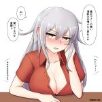  1girl blush breasts cleavage collarbone collared_shirt cypress gangut_(kancolle) grey_hair hair_between_eyes kantai_collection large_breasts long_hair looking_at_viewer open_mouth orange_eyes red_shirt revision scar scar_on_face shirt simple_background solo speech_bubble translation_request twitter_username white_background 