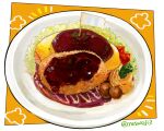  absurdres cabbage flower_(symbol) food food_focus gravy highres katsu_(food) meatball mini_flag notice_lines omelet omurice original outside_border pasta plate spaghetti still_life tomato yasaioji3 yellow_background 