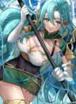  1girl aqua_hair armor bangs braid breastplate breasts chloe_(fire_emblem) cleavage commentary_request covered_navel elbow_gloves fire_emblem fire_emblem_engage garter_straps gloves green_eyes highres large_breasts long_hair pegasus_knight_uniform_(fire_emblem) shoulder_armor side_braid single_braid skin_tight smile snow20200 solo very_long_hair white_gloves 