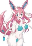  absurd_res anthro big_breasts blue_eyes blush breasts eeveelution female generation_6_pokemon hand_on_breast hi_res looking_at_viewer nintendo open_mouth pokemon pokemon_(species) pokemorph simple_background solo sylveon white_background white_body 