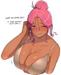  1girl bangs blush bra breasts cleavage dark-skinned_female dark_skin english_text hair_bun large_breasts long_hair looking_at_viewer ohasi original pink_hair simple_background single_hair_bun smile solo sweat underwear white_background 